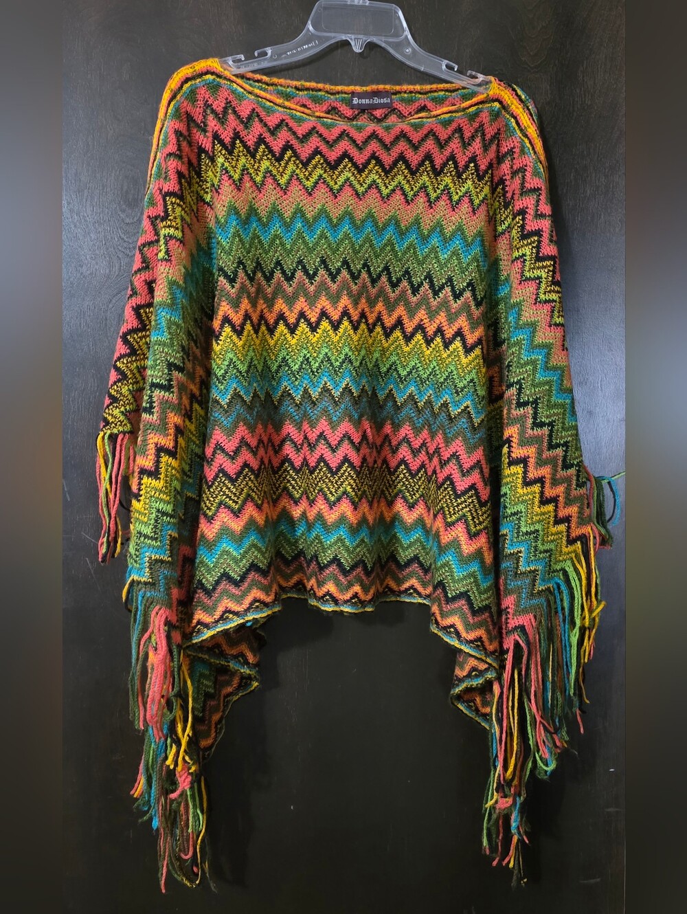 Donna Diosa Multicolor Zigzag Fringe Chal Poncho Throw, Open One Size